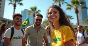 Pessoas brasileiras em parque urbano de Orlando com pontos turísticos ao fundo