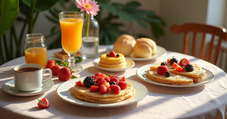 Mesa ao ar livre decorada para brunch com crepes, frutas, flores e utensílios elegantes