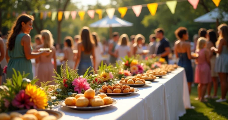Mesa de buffet brasileiro decorada com pratos típicos em evento em Tampa, com pessoas ao fundo em um ambiente festivo