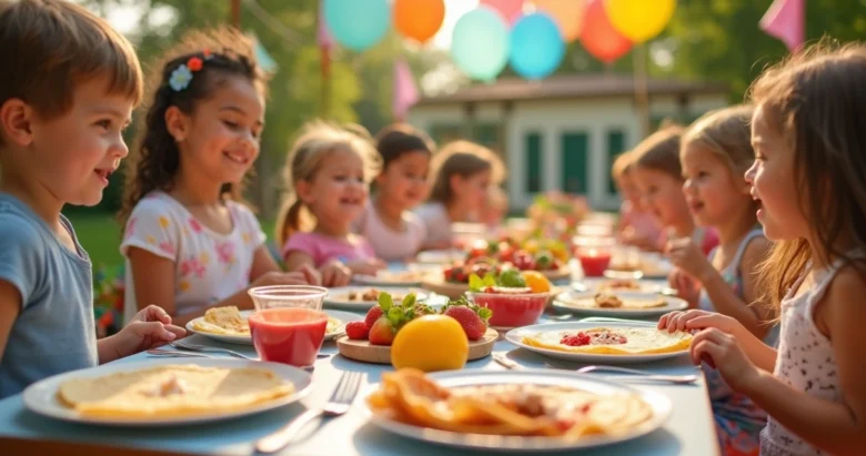 Mesa decorada com buffet de crepes em festa infantil, com crianças ao redor e cores vibrantes