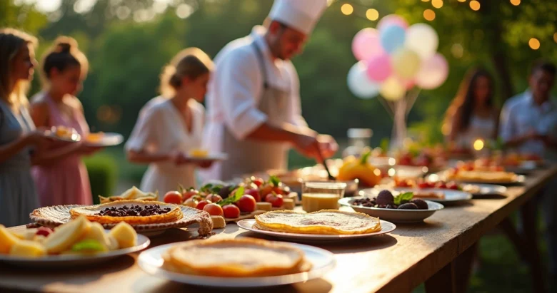 Buffet de crepes ao vivo em evento ao ar livre com seleção variada de crepes franceses e suíços