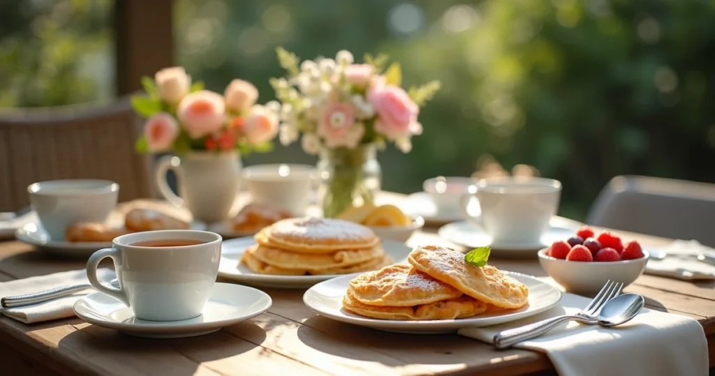 Mesa posta para café da tarde com crepes, xícaras de chá, flores e detalhes delicados