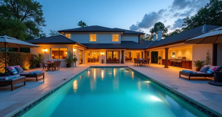 Casa para festas em Orlando com área externa completa, piscina, churrasqueira e mobiliário confortável