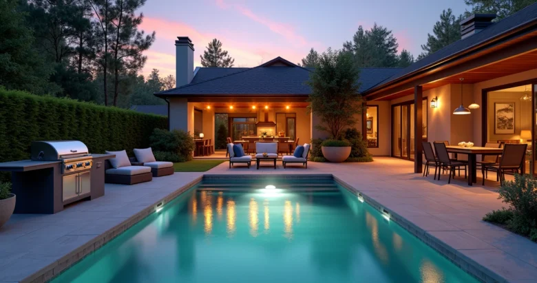 Casa espaçosa para festa com piscina iluminada e área gourmet moderna ao entardecer