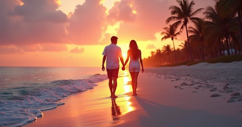 Casal caminhando de mãos dadas na praia durante o pôr do sol com céu colorido e mar calmo