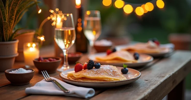 Mesa elegante com crepes franceses variados decorados para ceia de Réveillon