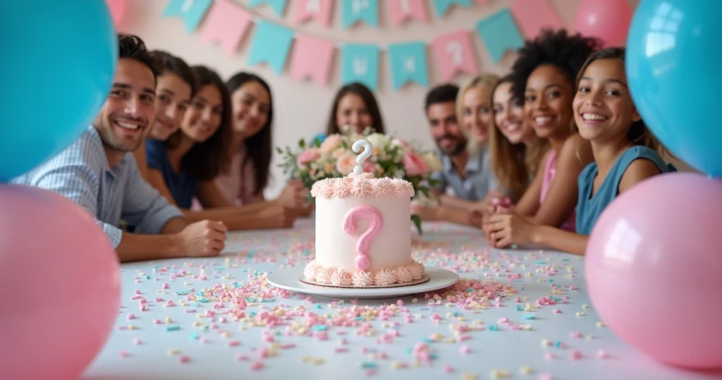 Mesa decorada com tema chá revelação, balões azuis e rosas, bolo decorativo e convidados reunidos