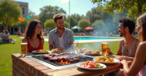 Churrasco ao ar livre com amigos reunidos em área de lazer com churrasqueira e mesa com carnes e bebidas