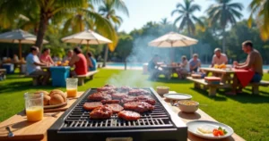 Churrasco ao ar livre com churrasqueira, carnes e amigos reunidos em área verde da Flórida