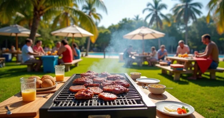 Churrasco ao ar livre com churrasqueira, carnes e amigos reunidos em área verde da Flórida