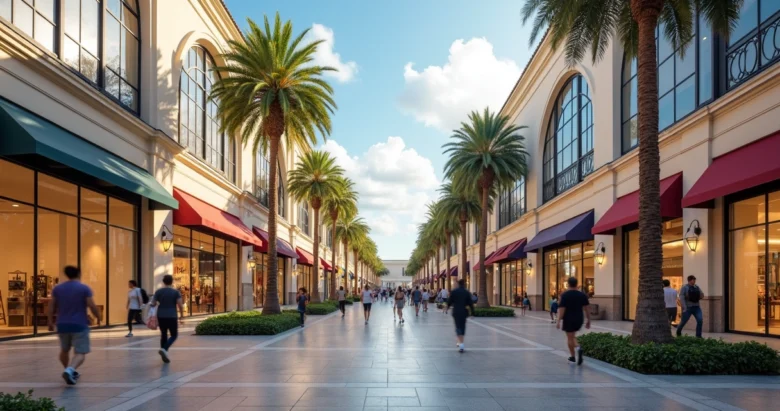 Vista panorâmica de um outlet moderno em Orlando com várias lojas de departamentos e shoppers caminhando no calçadão