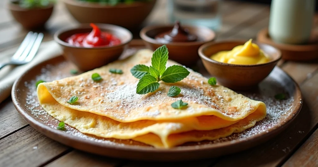 Crepe francês aberto com três molhos coloridos em pratos ao redor sobre mesa rústica de madeira