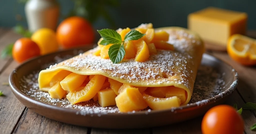 Crepe doce com ingredientes inusitados dispostos artisticamente em uma mesa de madeira clara, incluindo frutas exóticas, queijos especiais e doces artesanais brasileiros, em ambiente iluminado e acolhedor