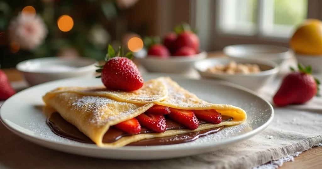 Crepe suíço com recheio doce servido em prato branco numa mesa de buffet com decoração acolhedora