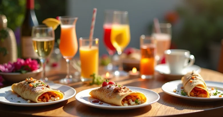 Mesa com crepes variados e diferentes bebidas para harmonização em festa colorida e elegante