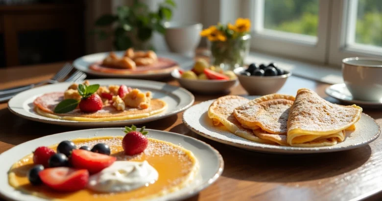Mesa posta com variedade de crepes servidos em brunch e jantar