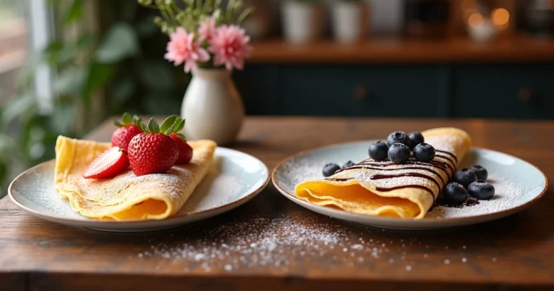 Dois crepes gourmet, um francês e um suíço, servidos com frutas frescas e calda