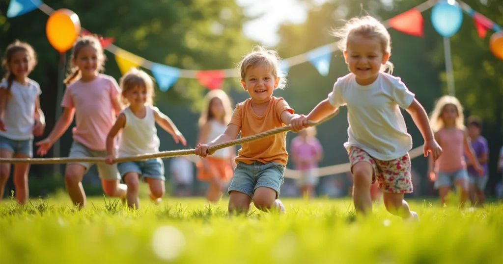 Crianças brincando animadamente em jogos de festa ao ar livre em um evento colorido e ensolarado