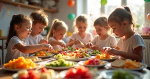 Crianças preparando lanches coloridos em uma mesa de festa com ingredientes variados e ambiente alegre