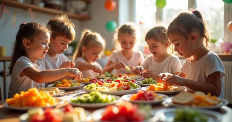 Crianças preparando lanches coloridos em uma mesa de festa com ingredientes variados e ambiente alegre