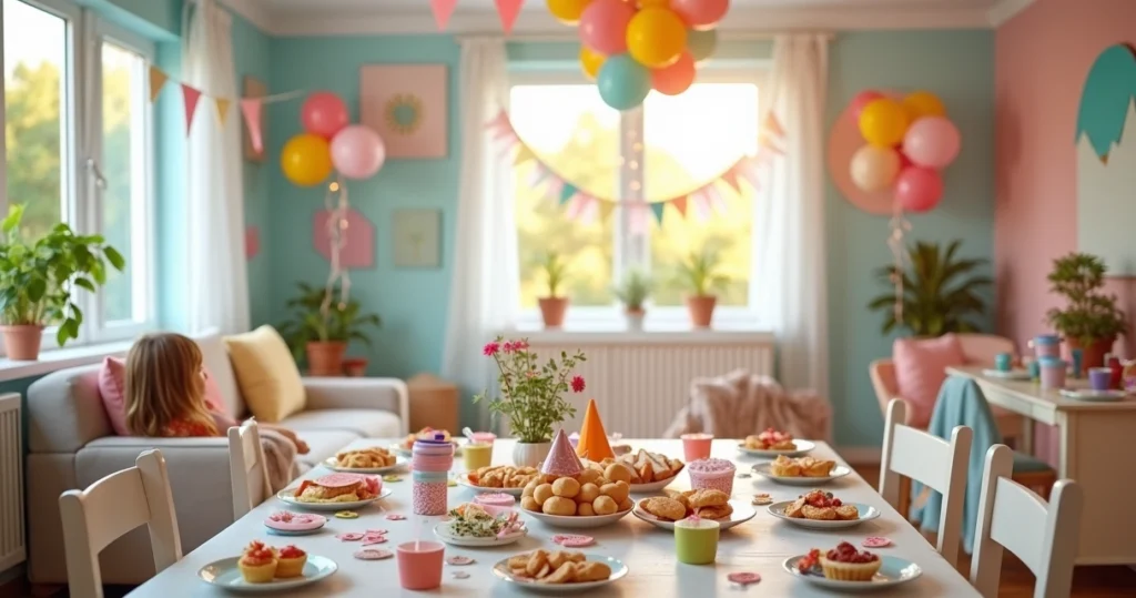 Decoração colorida e criativa para festa infantil em casa com balões, painéis temáticos e mesa com guloseimas