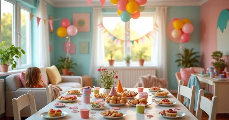 Decoração colorida e criativa para festa infantil em casa com balões, painéis temáticos e mesa com guloseimas