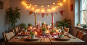 Mesa decorada para festa pequena com enfeites DIY coloridos e luzes suspensas