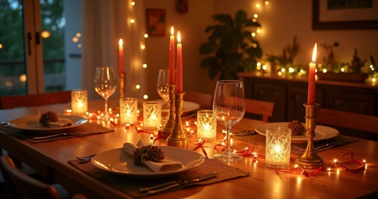 Mesa decorada para festa simples e barata com enfeites DIY e iluminação suave