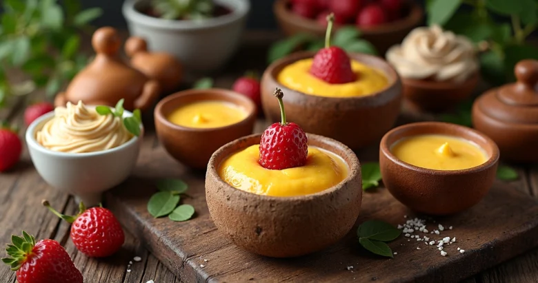 Diferentes potes e embalagens de doce de leite em uma mesa de madeira com texturas variadas e cremosidade visível