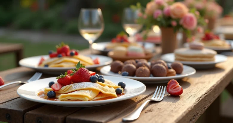 Várias sobremesas doces dispostas elegantemente ao lado de crepes decorados em uma mesa rústica com detalhes florais