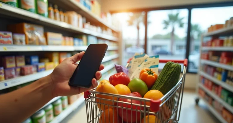 Mesa de compras com cupons e smartphone mostrando app de cashback aberto em ambiente de supermercado em Orlando