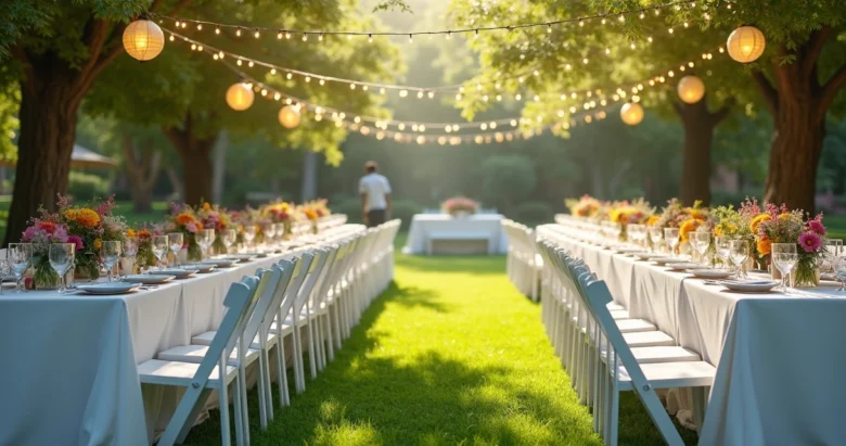 Mesa decorada ao ar livre com flores coloridas, lanternas penduradas e cadeiras brancas em gramado
