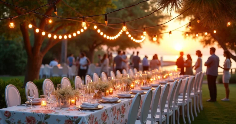 Mesa decorada para evento ao ar livre com cadeiras brancas, toalha floral e luzes penduradas ao entardecer em Tampa