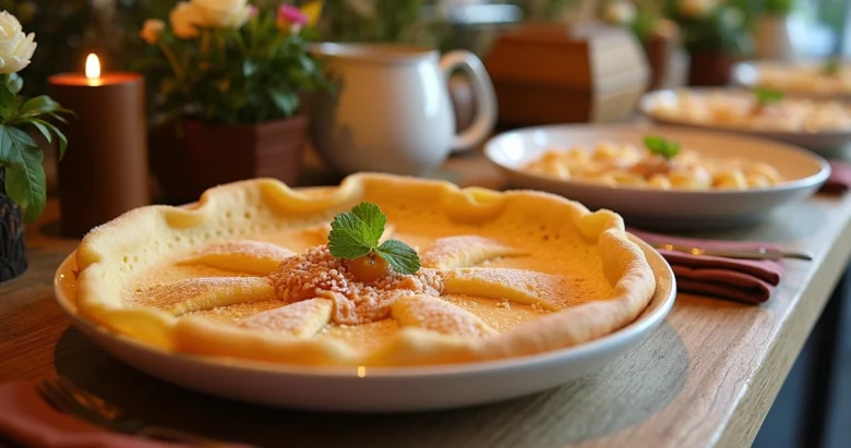 Mesa sofisticada com catering de crepes para evento corporativo e família, ambiente dividido com decoração elegante e acolhedora