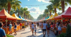 Multidão em festival cultural ao ar livre em Orlando com barracas de comida, famílias e decoração vibrante