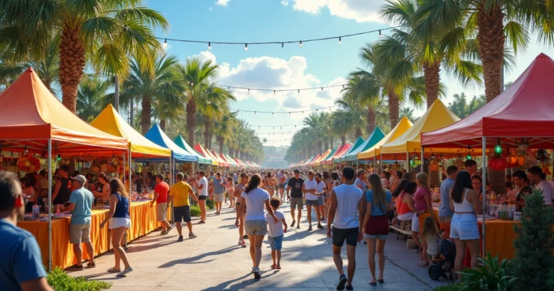 Multidão em festival cultural ao ar livre em Orlando com barracas de comida, famílias e decoração vibrante
