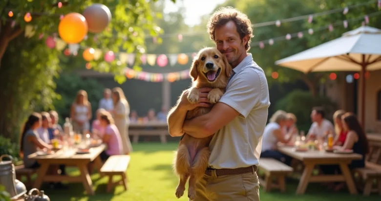 Pessoa segurando cachorro feliz em evento social ao ar livre durante o dia com convidados ao fundo