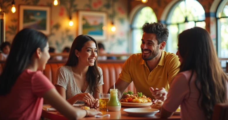 Família sorridente em restaurante temático colorido em Orlando com pratos variados na mesa