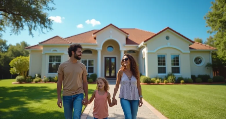 Família brasileira sorridente em frente a uma casa moderna em Orlando, com céu azul e área verde ao redor