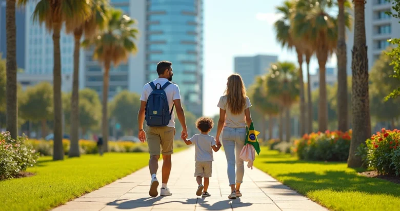 Família brasileira caminhando em parque com cenário urbano de Orlando ao fundo