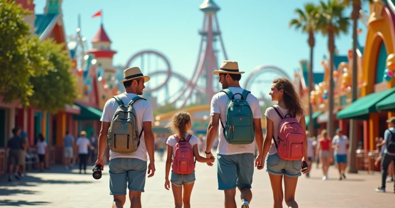 Família aproveitando passeio em parque de diversões em Orlando com céu azul e atrações ao fundo