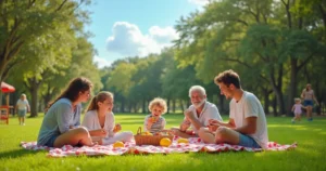 Família fazendo piquenique em parque verde com crianças brincando ao redor e céu azul