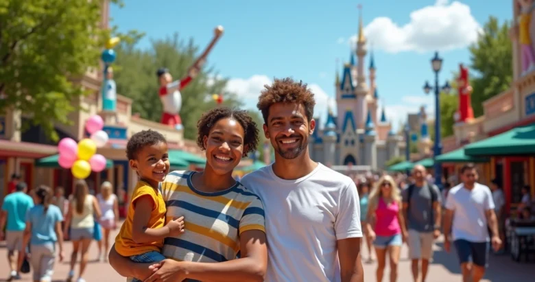 Família brasileira sorridente em parque temático, com crianças, adultos, atrações coloridas e esculturas temáticas ao fundo