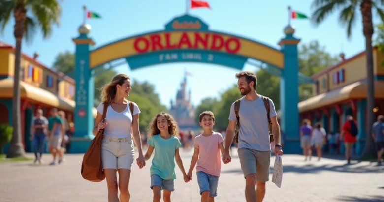 Família sorridente entrando de mãos dadas em parque temático de Orlando com mapa na mão