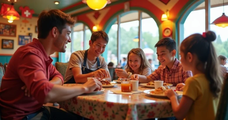 Família jantando em restaurante temático colorido em Orlando com decoração vibrante e personagens infantis
