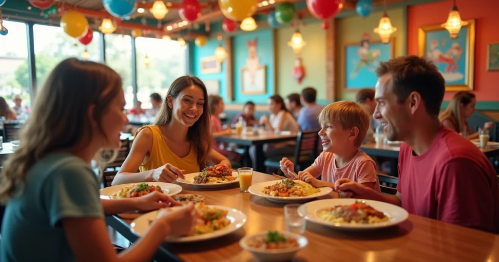 Família desfrutando jantar temático com decoração vibrante em restaurante familiar em Orlando