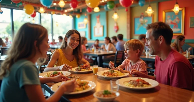 Família desfrutando jantar temático com decoração vibrante em restaurante familiar em Orlando