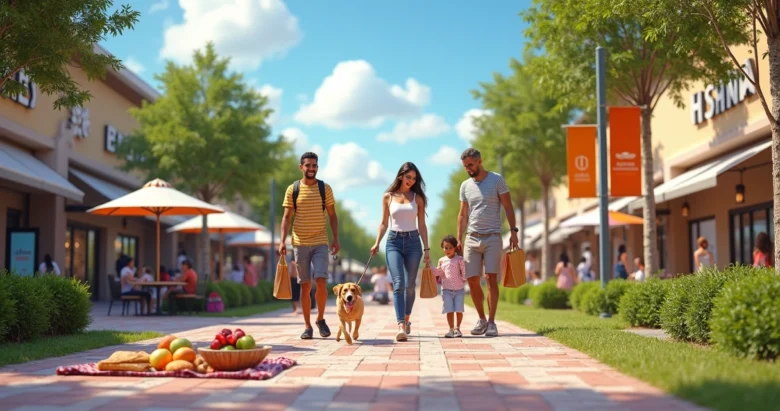 Família caminhando com cachorro em outlet pet friendly de Orlando em dia ensolarado