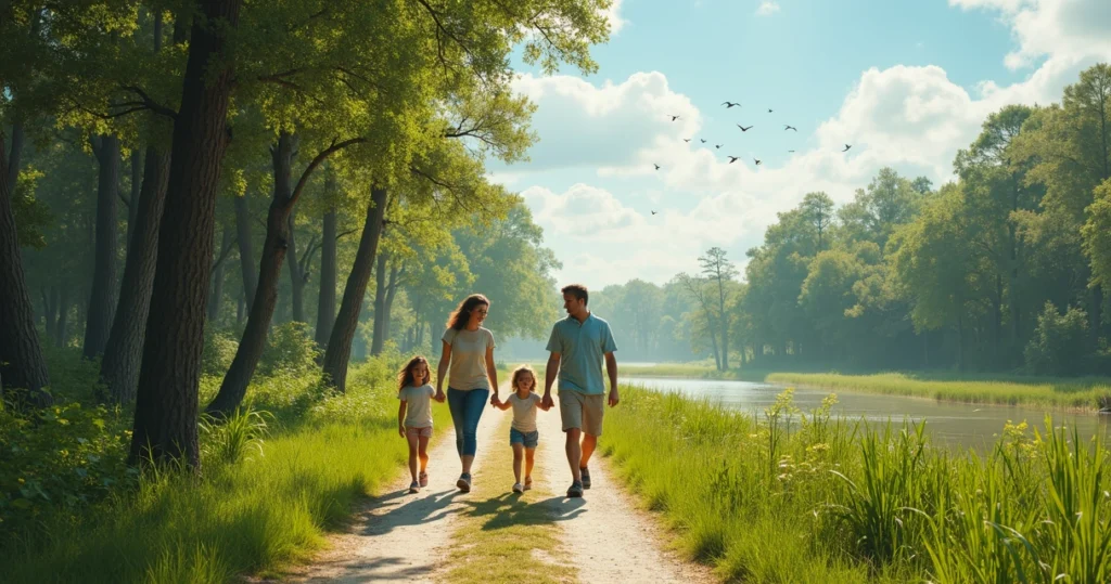 Família caminhando em trilha de parque estadual com árvores e céu azul