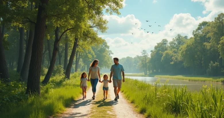 Família caminhando em trilha de parque estadual com árvores e céu azul